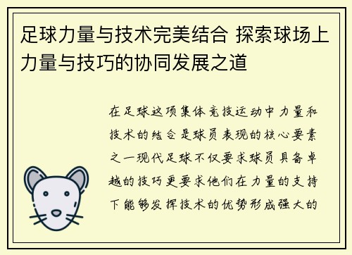 足球力量与技术完美结合 探索球场上力量与技巧的协同发展之道
