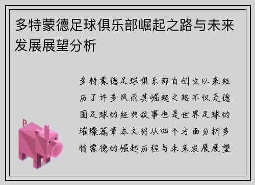 多特蒙德足球俱乐部崛起之路与未来发展展望分析