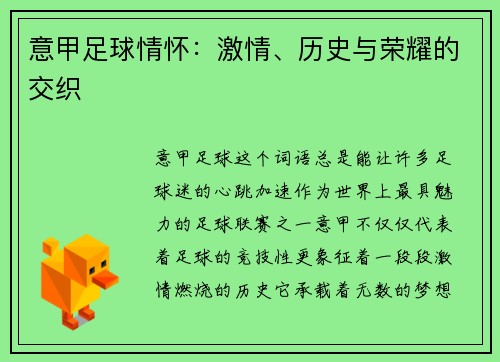 意甲足球情怀：激情、历史与荣耀的交织