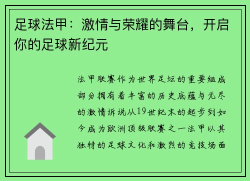 足球法甲：激情与荣耀的舞台，开启你的足球新纪元